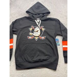 NHL Anaheim Ducks Mens Lace Up Hoodie Black Orange Graphic Sweatshirt Medium NEW